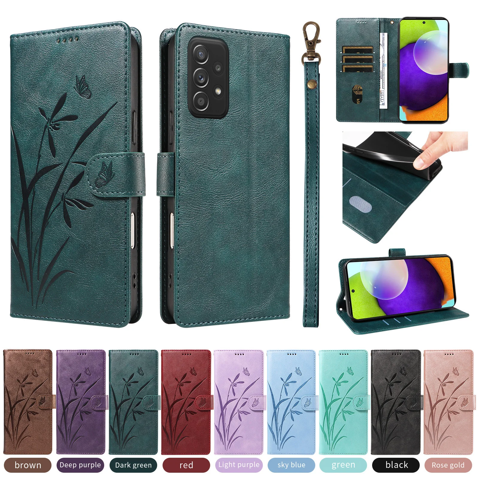 Magnetic Flip Leather Case on For Samsung Galaxy A73 A53 A33 A23 A13 A72 A52 A42 A32 A22 A12 Cover Embossed Orchid Wallet Card