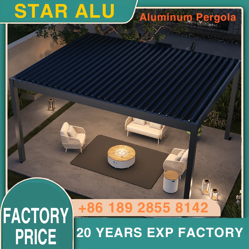

Motorized Opening Louvered Roof for Swimming Pool House with LED Aluminum Retractable Modern Bioclimatic Pergola