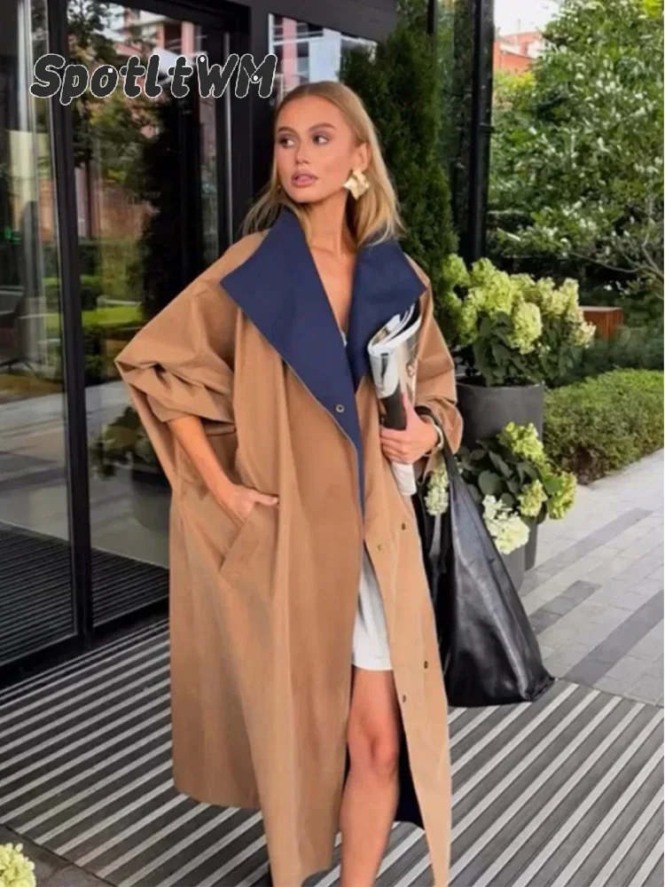 Women's Camel Navy Contrast Lapel Long Trench Coat Oversized Long Sleeve Spring Autumn 2026 Casual Fashion Street‑chic Outerwear