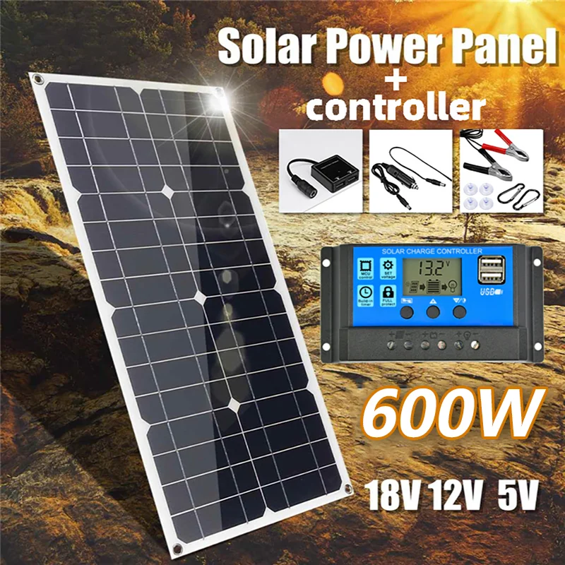 600W Solar Power System Kit Battery Charger  Solar Panel 10-100A Charge Controller Complete Power Generation Home Camp  Outdoor