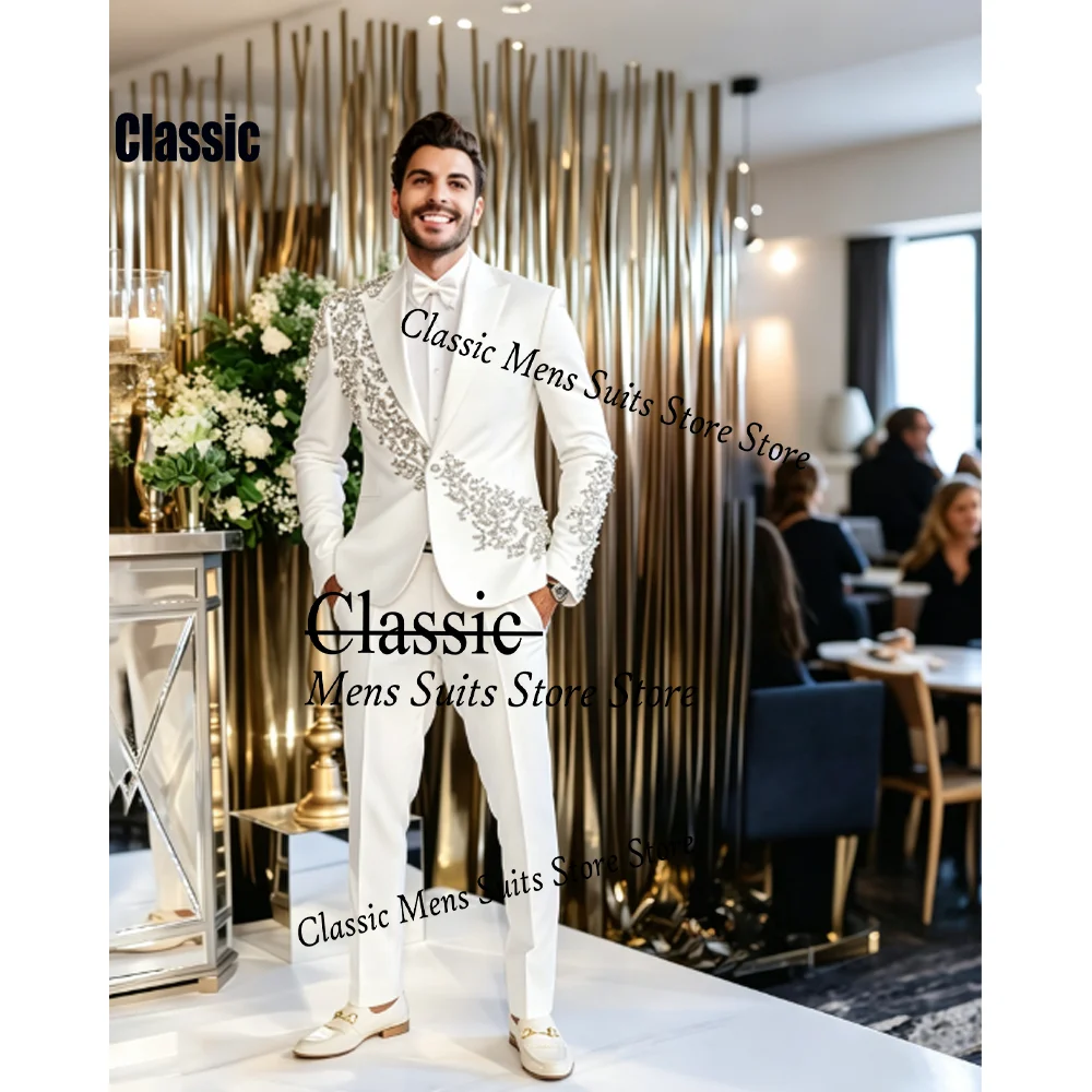 Elegant Diamond Rhinestone Men Suits 2 Pieces Sets Male Party Blazers Customized Groom Evening Tuxedos Slim Sequin Costume Homme