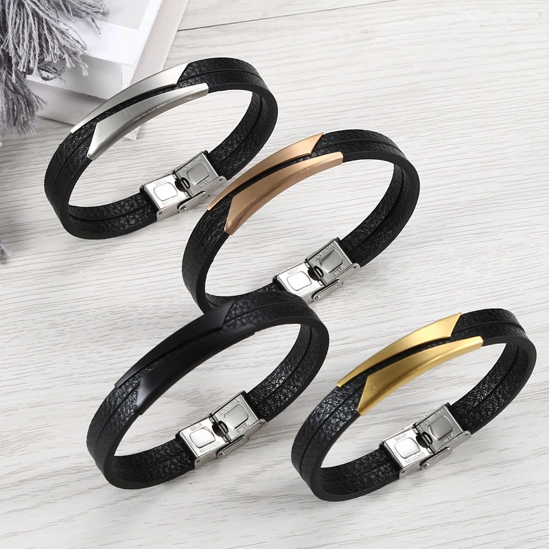 Fashion Stainless Steel Geometric Matte 10mm Leather Bracelet Fashion Simple Adjustable Casual Sports Men\'s Wristband Jewelry