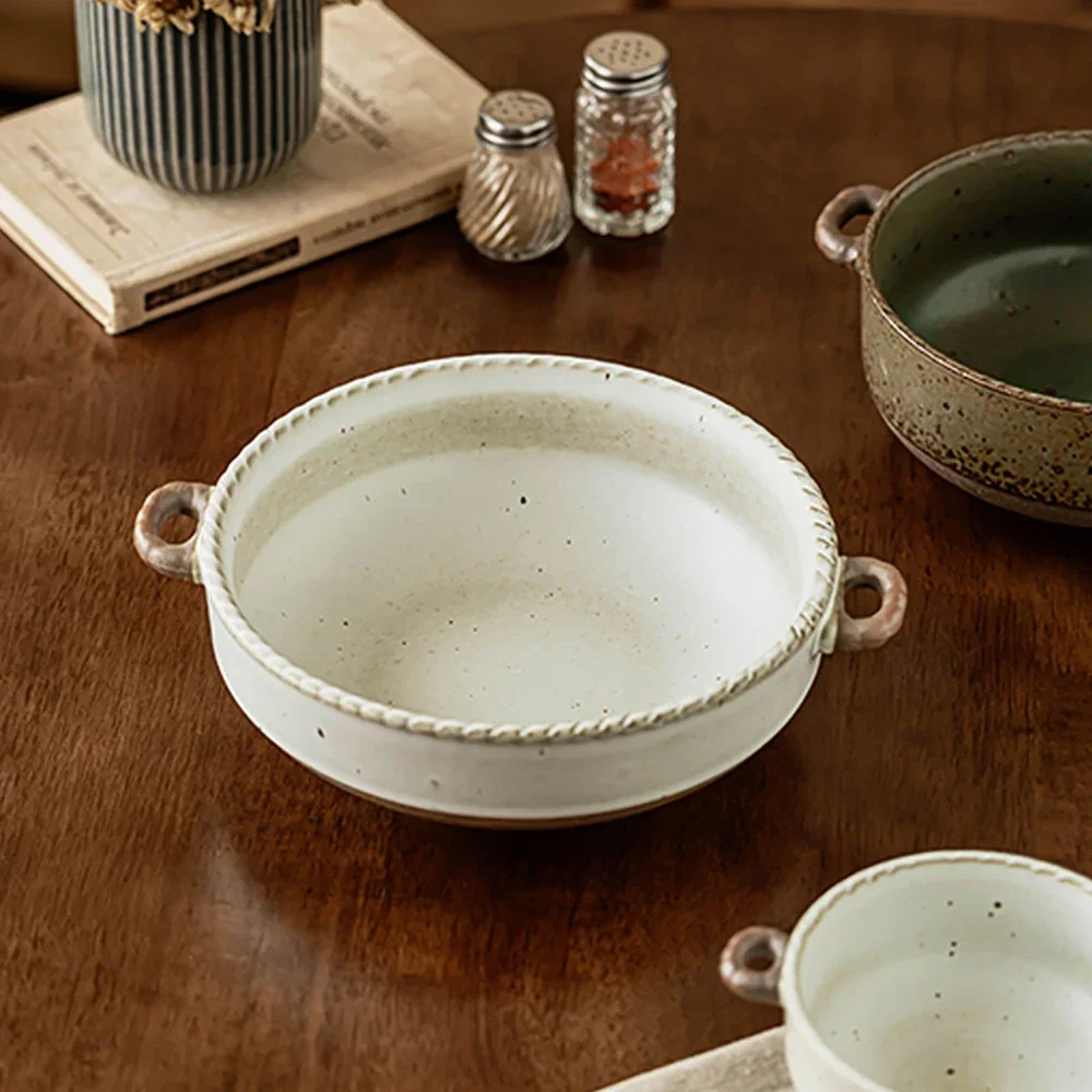 Vintage Double Handle Pottery Bowl Retro Ceramic Soup Noodles Bowls Japanese Tableware Home Practical Kitchen Supplies