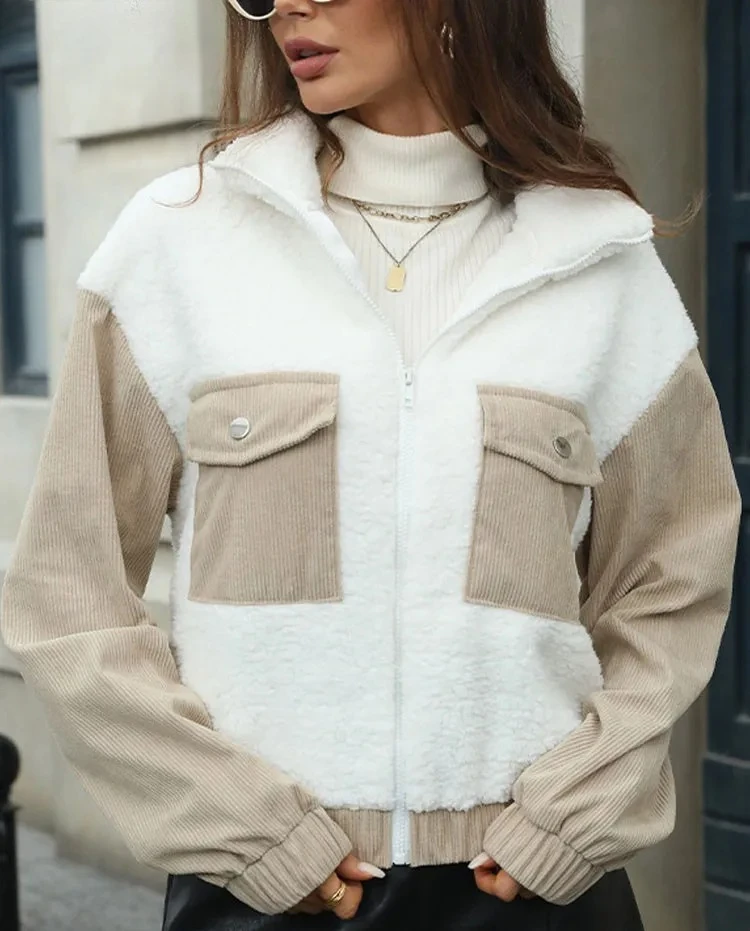 

Winter Patchwork Puff Short Jacket Women Thick Plush Long Sleeve Coat Lady Casual Pocket Zipper Warm Streetwear