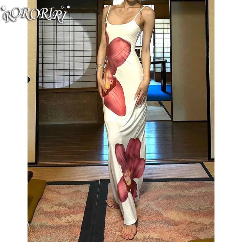 RORORIRI Flower Print Camisole Dress Women Summer Scoop Neck Sleeveless Backless Slim Draped Long Dress Holiday Casual Clothes