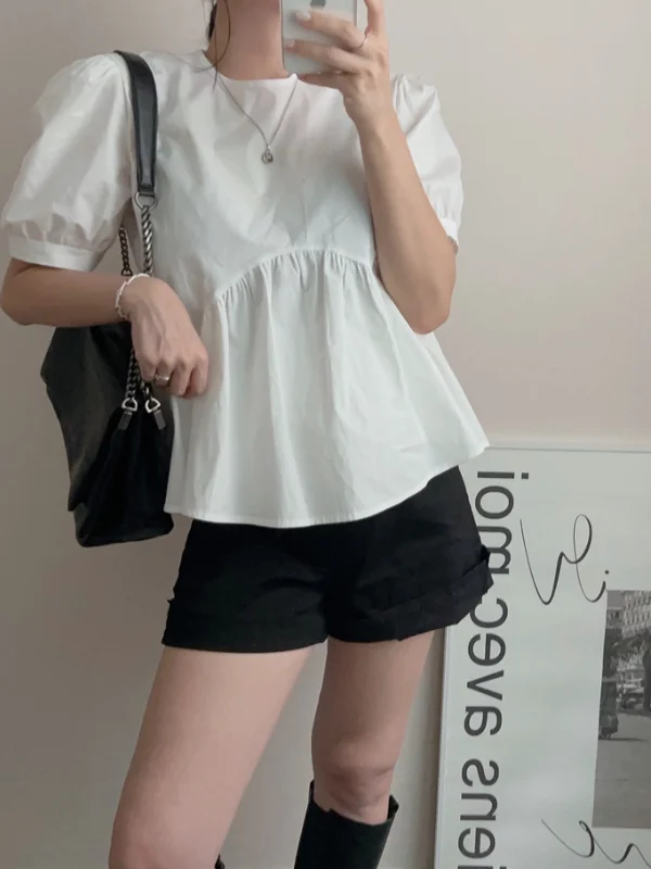 

Fre White Summer irt Loose round Ne ort Sve Babydoll Top for Young Women Commute Sle Bubble Sve Pure Color