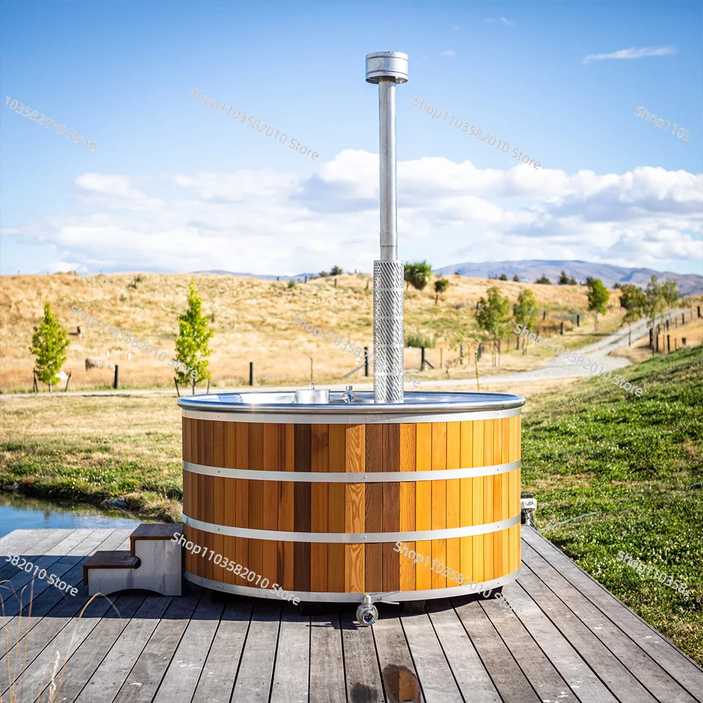 4-Person Outdoor Round Spa Hot Tub Traditional Red Cedar Firing Portable Jacuzzi for Soaking in the Villa or Indoors