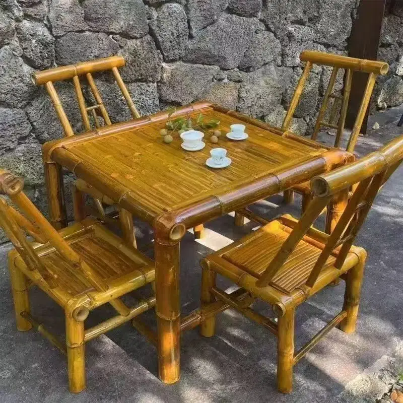 #Wooden Chair, Outdoor Courtyard Coffee Table, Handcrafted Bamboo Woven Enclosure for Brewing Tea, Household Retro Dining