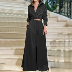 2024 Women'S black solid color Pleated suits sexy Long Sleeved Shirt High Waisted Baggy Wide Leg Pants Casual Elegant Suit