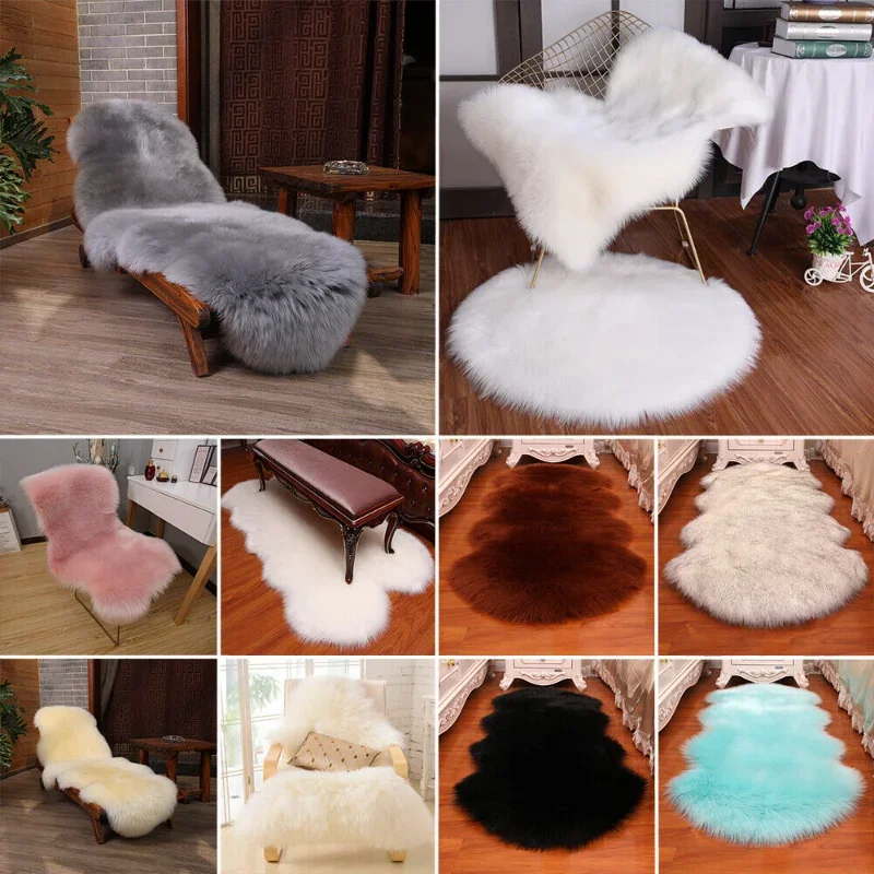 Fluffy Faux Fur Sheepskin Rug Non-slip Living Room Rugs Warm Furry Bedroom Carpet Washable Room Floor Hotel  Decor