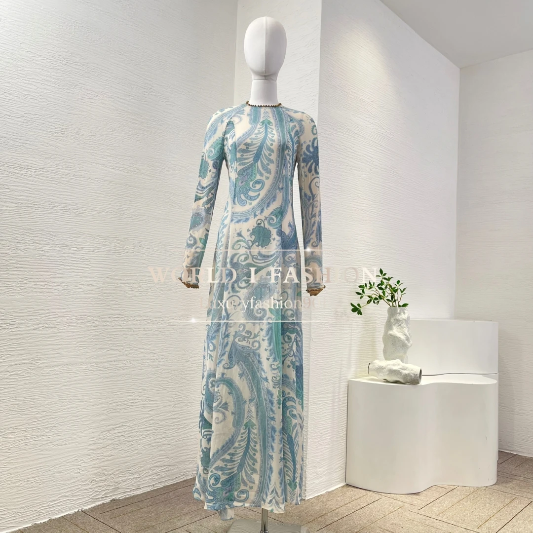 Elegant Long Sleeve Maxi Dress with Blue and Green Paisley Print  Women's Spring 2025 Fashion Belted Dress