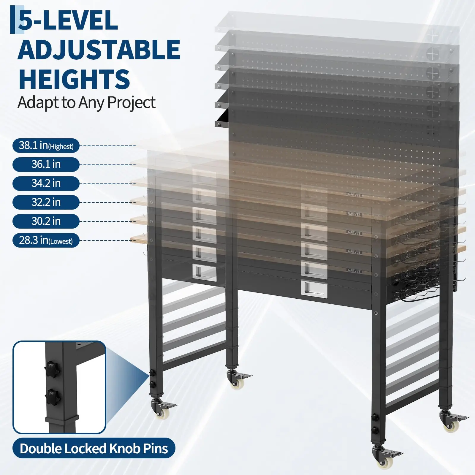 48 x 24 Inch Workbench with Drawer, Back Panel & LED Light Strip, 6-Level Adjustable Height, 2000 lb Capacity