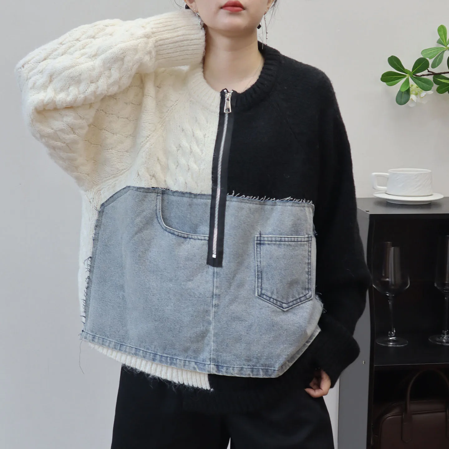 

Women Half Zipper Spliced Denim Knitted Sweater 2025 Autumn Winter New Korean Edition Loose Casual Design Cowboy Sweater Jacket