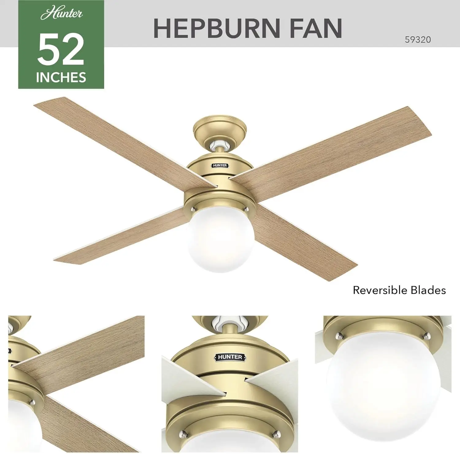 59320, 52 inch Hepburn Modern Brass Ceiling Fan with LED Light Kit and Wall Control