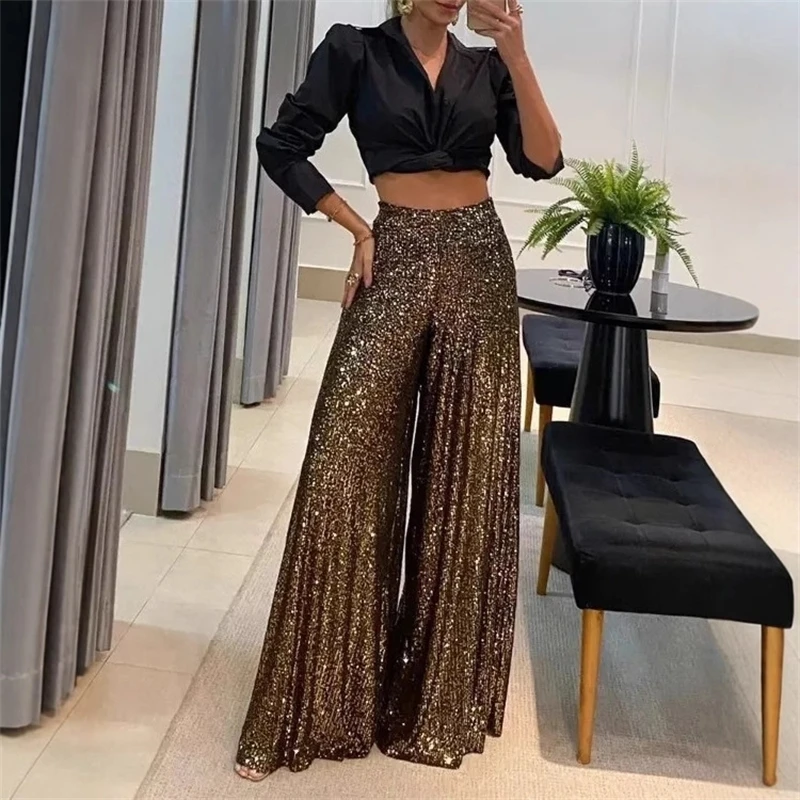 

Women's Elegant Golden Thread Wide Leg Pants High Waisted Sparkle Trousers Glamorous Party Clubwear Shiny Evening Fashion Bottom
