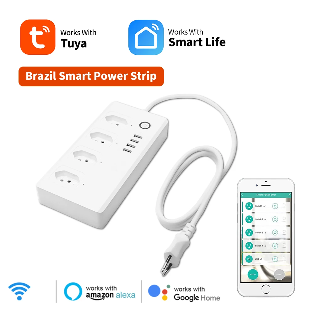 

Tuya Wifi/ZigBee Smart Brazil Plugs Power Strip 4 Outlets Plug 4 USB 1.5M Extension Cord Surge Protector for Alexa Google Home
