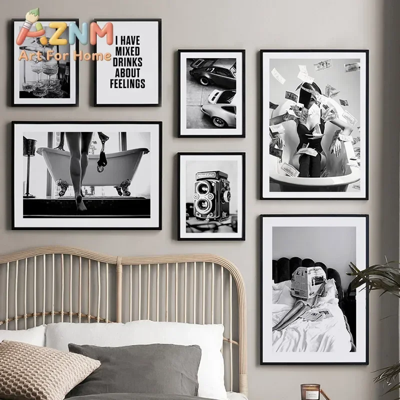 Black White Women Bathtub Camera Wall Art Canvas Painting Vintage Nordic Posters And Prints Pictures For Living Room Home Dec