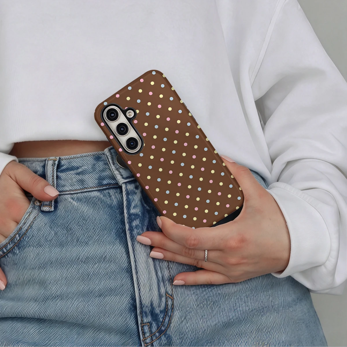 Brown Colorful Small Dots Phone Case For Samsung Galaxy S26 S25 Ultra S24 S23 Plus Hard Shock‑Absorption 2-in-1Protective Cover