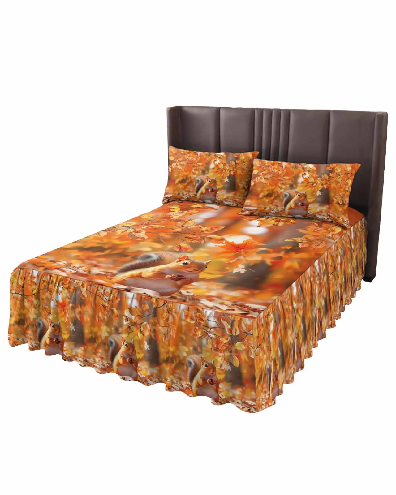 Autumn Thanksgiving Leaf Squirrel Skirt Elastic Fitted Bedspread With Pillowcases Mattress Cover Bedding Set Bed Sheet