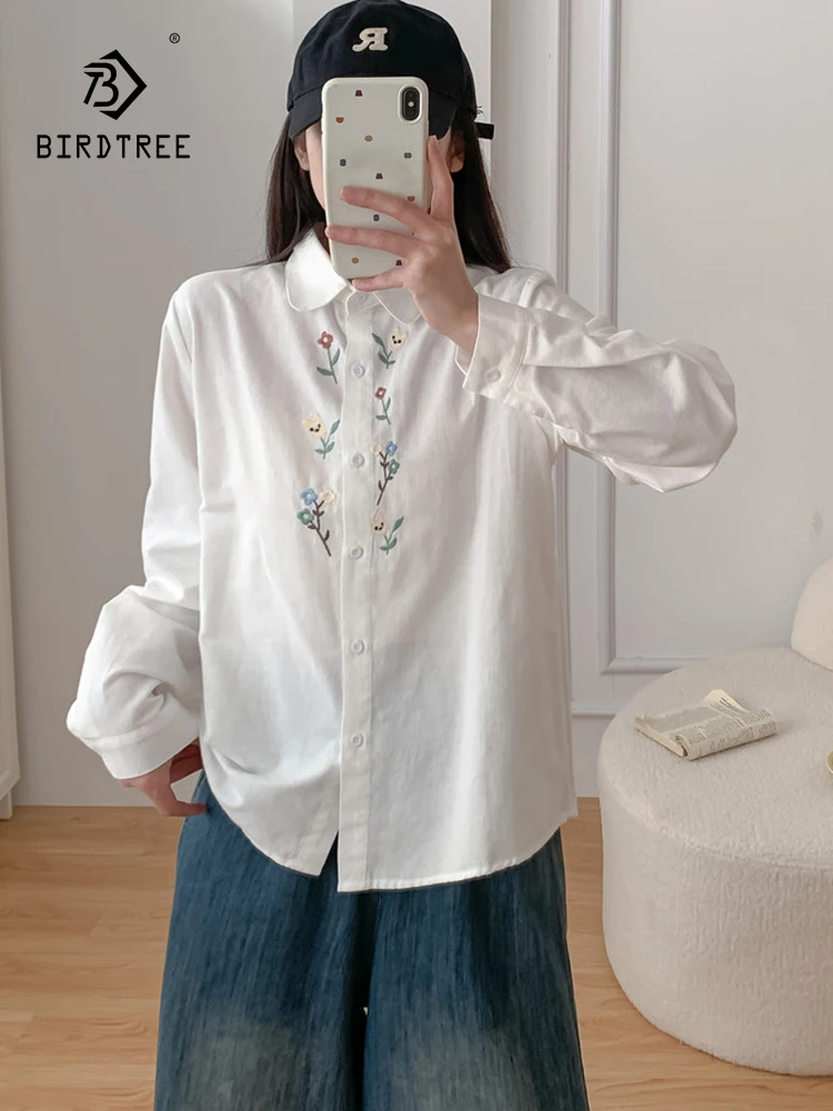 

New 2025 Fall Cotton Long Sleeve Brushed Shirt, Women Lapel Floral Embroidery, Mori Girl French Sweet Chic Loose Blouse T5N225CC