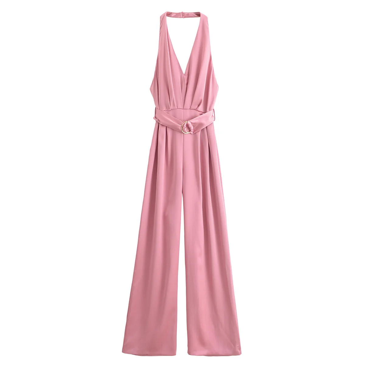 Women's 2024 New Chic Temperament Fashion Belt Satin Texture Hanging Neck Jumpsuit Retro Sleeveless Women's Jumpsuit Mujer