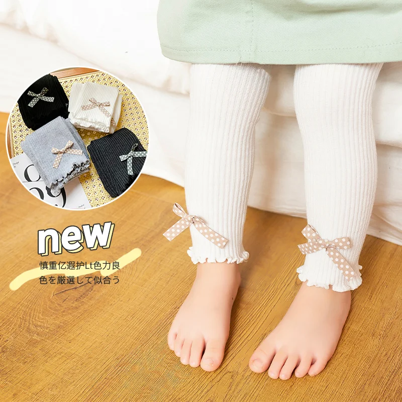 

Infant Baby Girl Soft Cotton Kawaii Leggings Stripe Cute small dot Bow Tights Princeess Toddler ruffle Warm Winter cropped pants