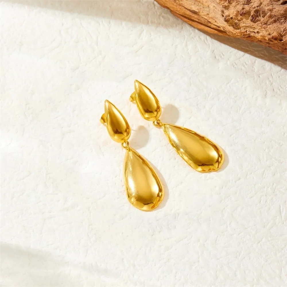 Minimalist Stainless Steel Double Teardrop Drop Earrings Gold Color Smooth Polished Water Shape Stud for Women Party Jewelry