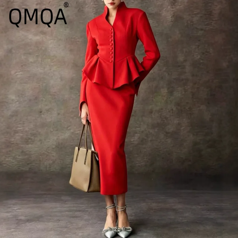 QMQA Fashion Women's Spliced Button Slimming Two Piece Set Stand Collar Long Sleeve Jacket High Waist Midi Skirt Solid Sets 2027