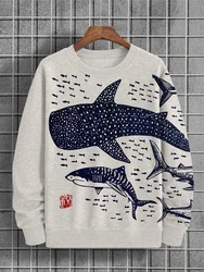 Men's Fashion Round Neck Sports Print Shark Print Linen Top Casual Sweatshirt Harajuku Unisex Sweatshirt Round Neck Sweatshirt