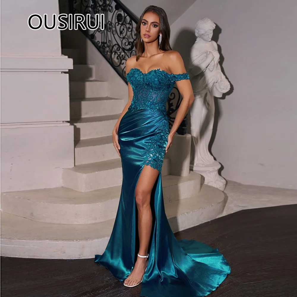 

Customized Off-Shoulder Satin Pleated Formal Prom Party Dres Sexy Mermaid Side Split Trian Backless Prom Gown with Lace vestidos
