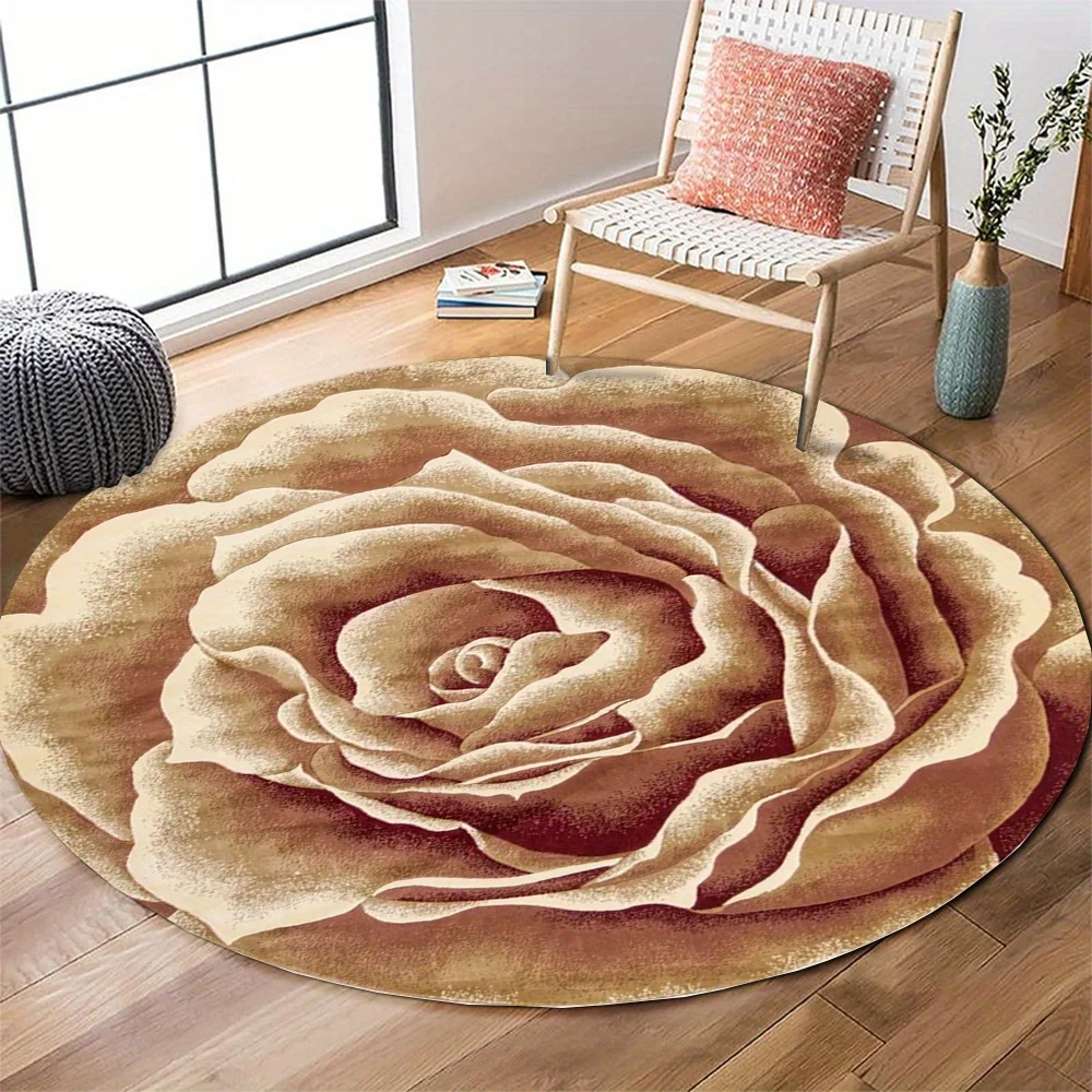 3D Rose Petal Round Rug Flannel Textured Floral Floor Mat Romantic Elegant Decor Bedroom Vanity Dressing Room Soft Luxurious
