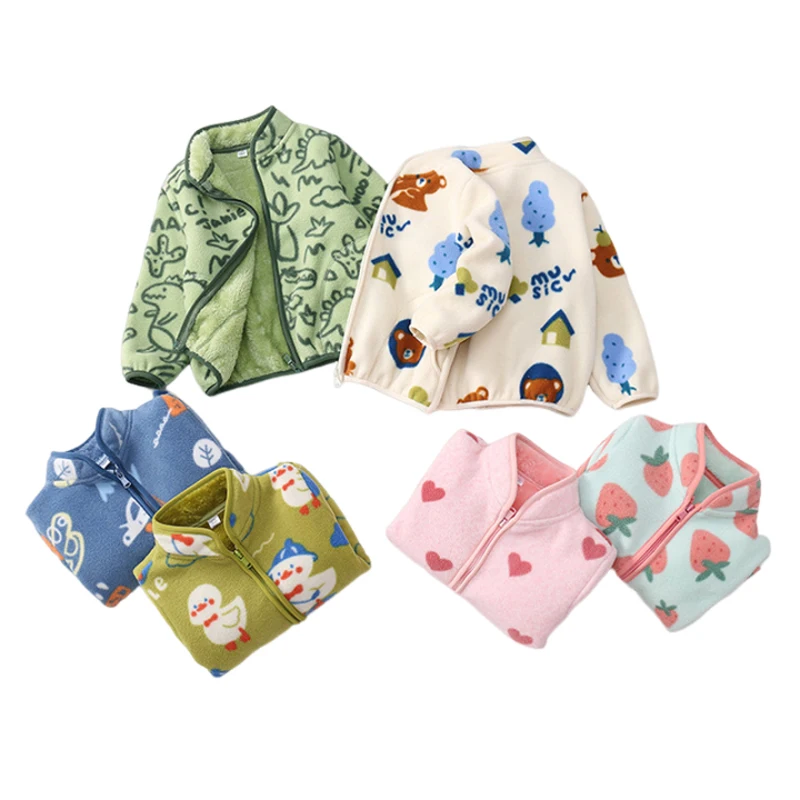 

Children Both Side Fleece Coat Baby Boy Girl Spring Autumn Solid Color Cartoon Outerwear Ornate Velvet Protection Casual Top