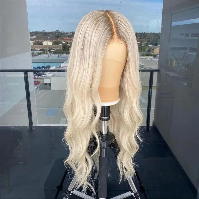 Ombre Ash Blonde Balayage Wig Long Body Wave Lace Front Wig 13x4 HD Lace Glueless Heat Resistant Synthetic Blended Fiber