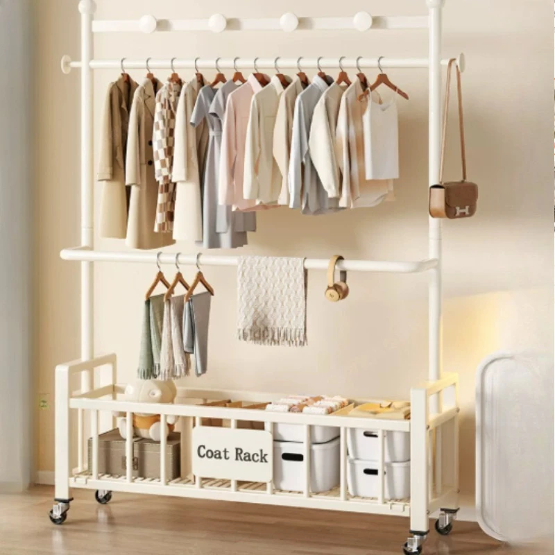 With Wheels hanger Double Rod living room Large Bottom Storage Basket Mobile Clothes Hanging Rack Bedroom Coat Rack Organizer