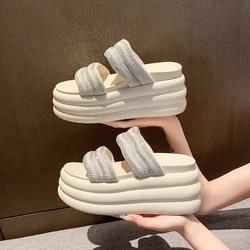 New Summer Women Slippers 2024 High Platform Wedges Sandals 8.5CM Heels Outside Flip-Flops Fashion Bling Women Chunky Sneakers