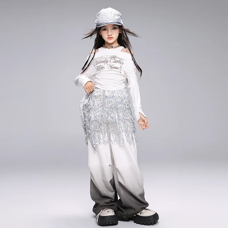 Mädchen Hip Hop Dance Kostüm Langarm Top Weiß Hosen Anzug Kinder Moderne Jazz Dance Performance Kleidung Kinder Straße Tragen