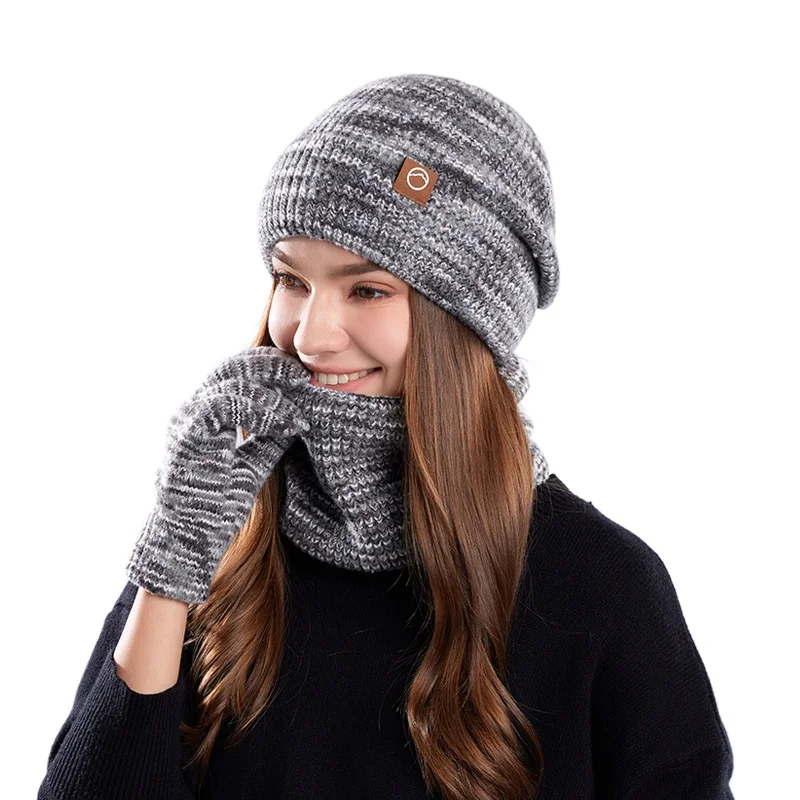 

Женские зимние шапки, комплект из 3 предметов, вязаная шапка на флисовой подкладке с ушками, шарф, перчатки, шапочка для женщин, защита от холодной погоды X095