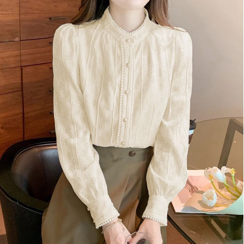 New Women Trendy Vintage Chic Lace Beaded Button Shirts Autumn Winter Casual Solid Sweet Blouses Female Long Sleeve Elegant Tops