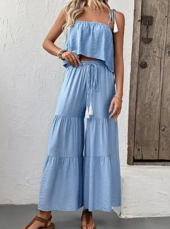 

Women's camisole top and wide leg pants two-piece set with tassel decoration for summer 2026 new casual women's clothing