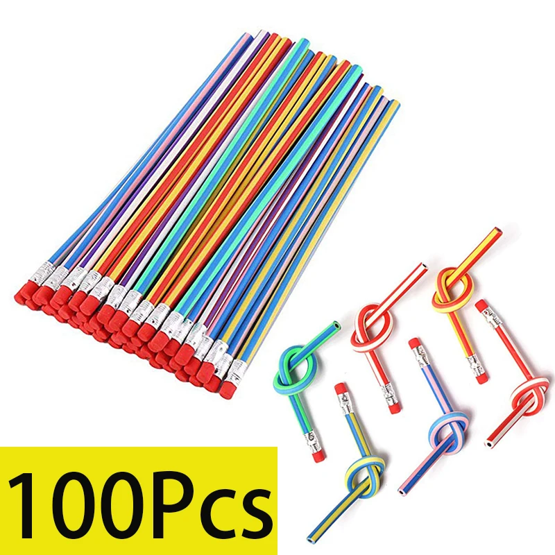 Crayons amusants Bendy pour enfants, crayons magiques pliables, crayons flexibles en caoutchouc souple à rayures colorées avec gommes pour les irritations, cadeaux de chambre, 100 pièces