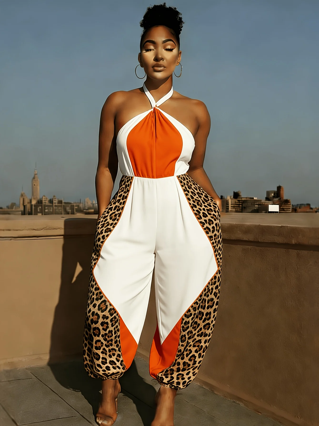 

Women's Trendy Color Block Halter Jumpsuit Orange White Leopard Patchwork Backless Harem Pants with Pockets Fashion Outfit