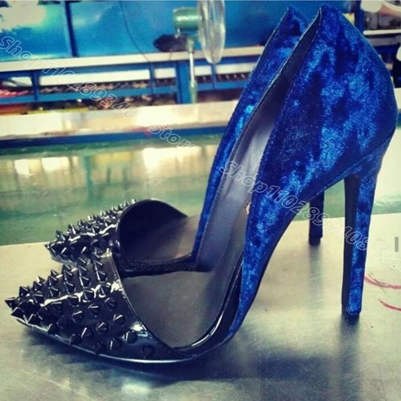 

Bicolor Rivet Decor Stiletto Flock Pumps Pointed Toe Shallow High Heels British Style Party Women Shoes 2025 Zapatos Para Mujere