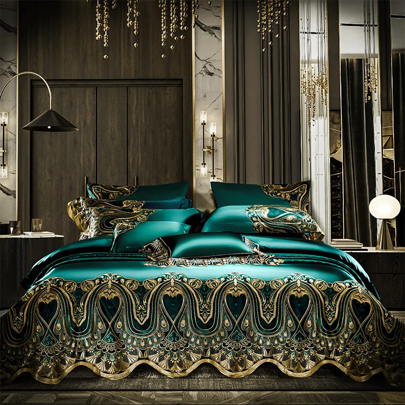 European high-end light luxury 4 four-piece set of solid color 140 long-staple cotton, quilt cover lace high-end bedding