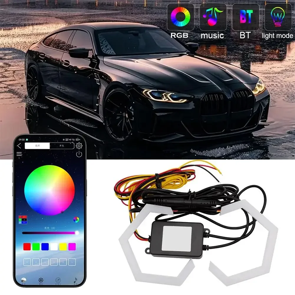 Modified headlights for cars, motorcycles, white daytime running lights+amber turn signals 2PCS RGB hexagonal angel eye halo