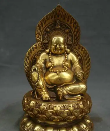 

11" Chinese Bronze Gilt Buddhism Happy Laugh Maitreya Buddha Prayer Beads Statue