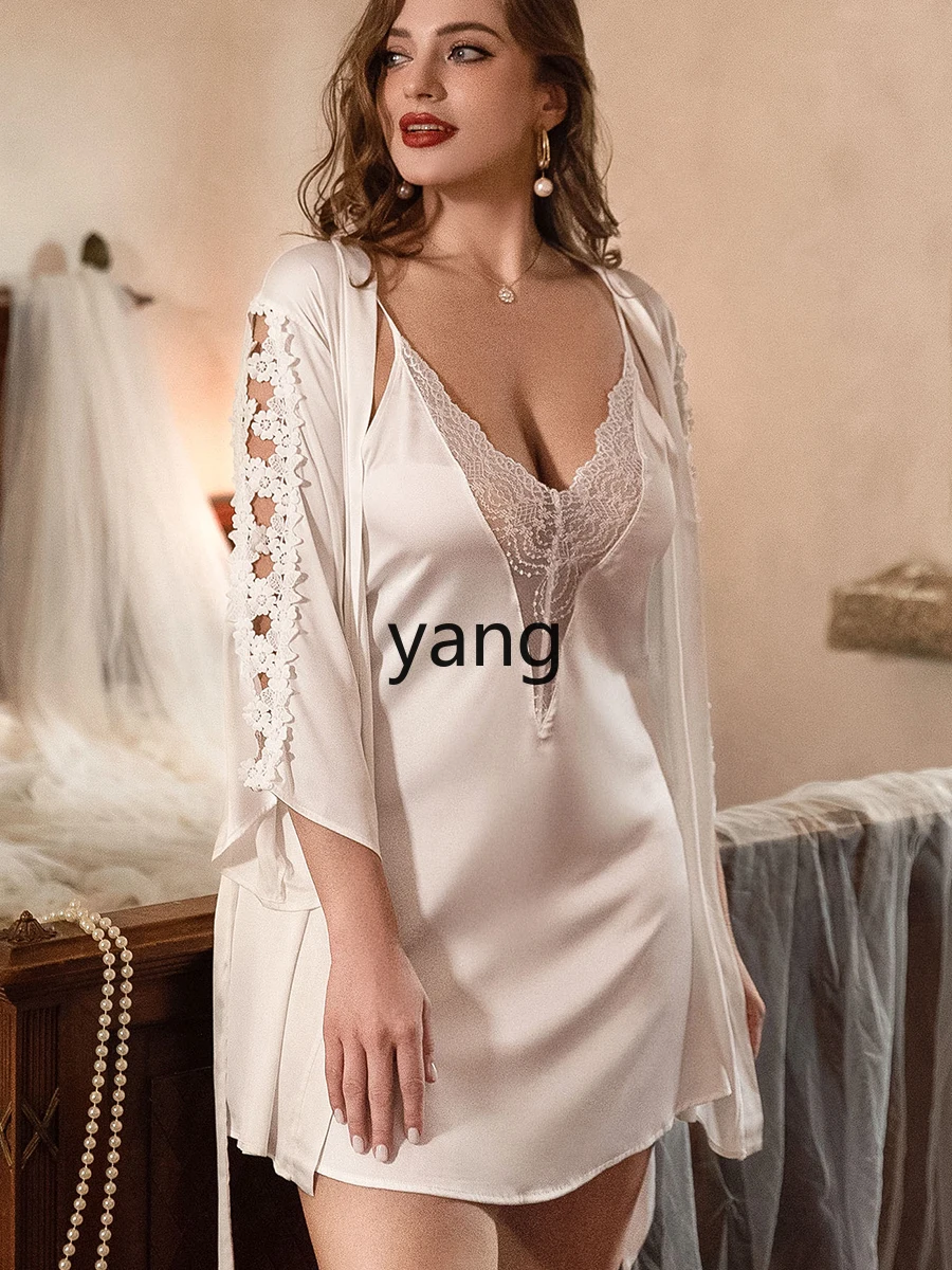 LMM large size sexy pajamas women's summer ice silk fat mm100kg lace suspender nightdress