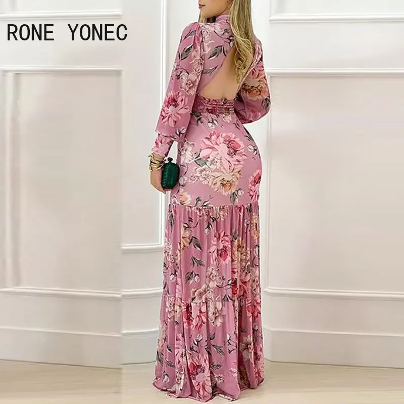 Donna Chic mezzo collo alto stampa All Over con motivo floreale buco della serratura maniche lunghe senza schienale Maxi abito da vacanza a-line