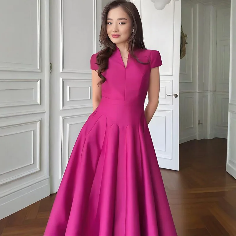 Women Elegant V Neck Cap Sleeve Satin A Line Long Evening Dress Formal Party Maxi Gown