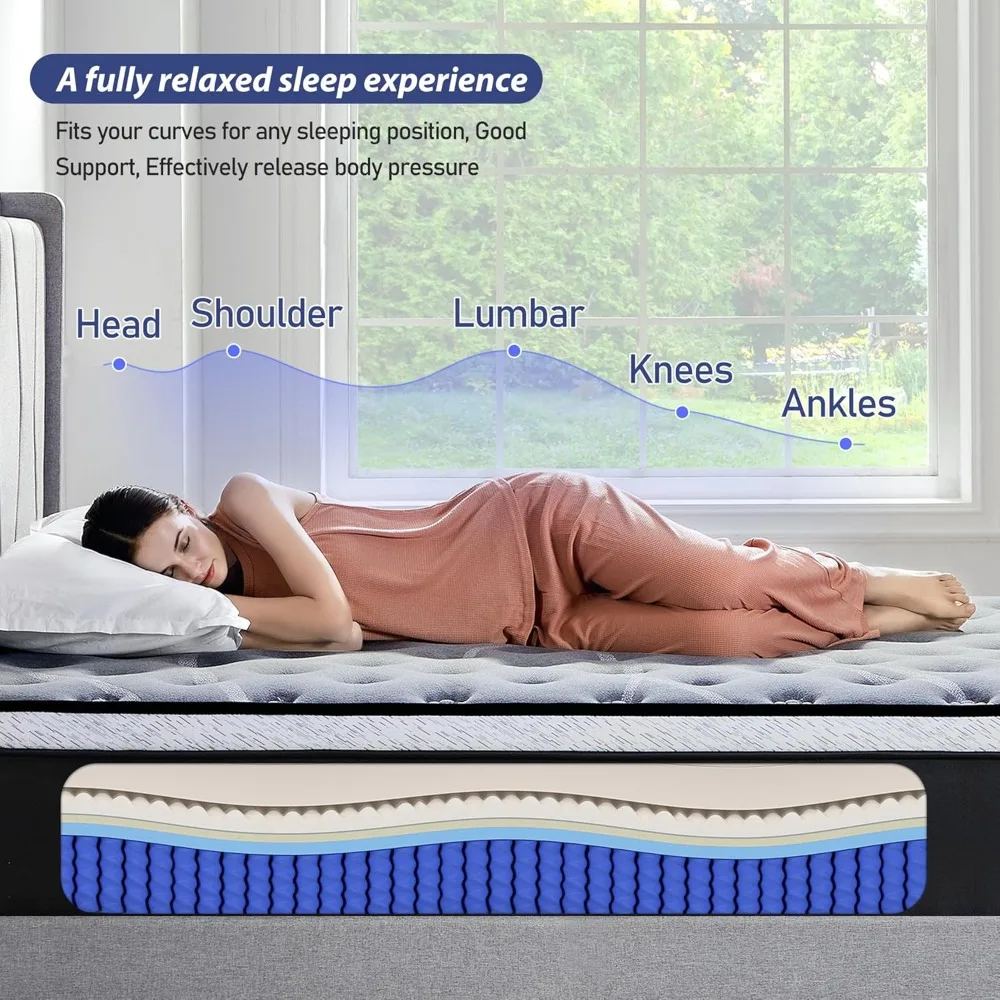 مرتبة بحجم 10 بوصة، مرتبة هجينة من إسفنج الذاكرة مزدوجة في صندوق، نوابض جيب لتخفيف الضغط، شركة متوسطة، ألياف زجاجية