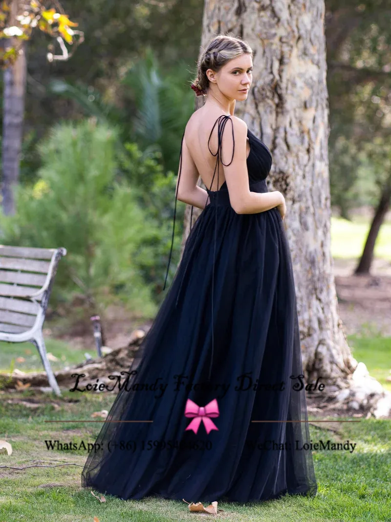 Vestido de noche largo negro con cuello en V profundo para mujer, vestido de desfile con tirantes finos, abertura alta, 2024